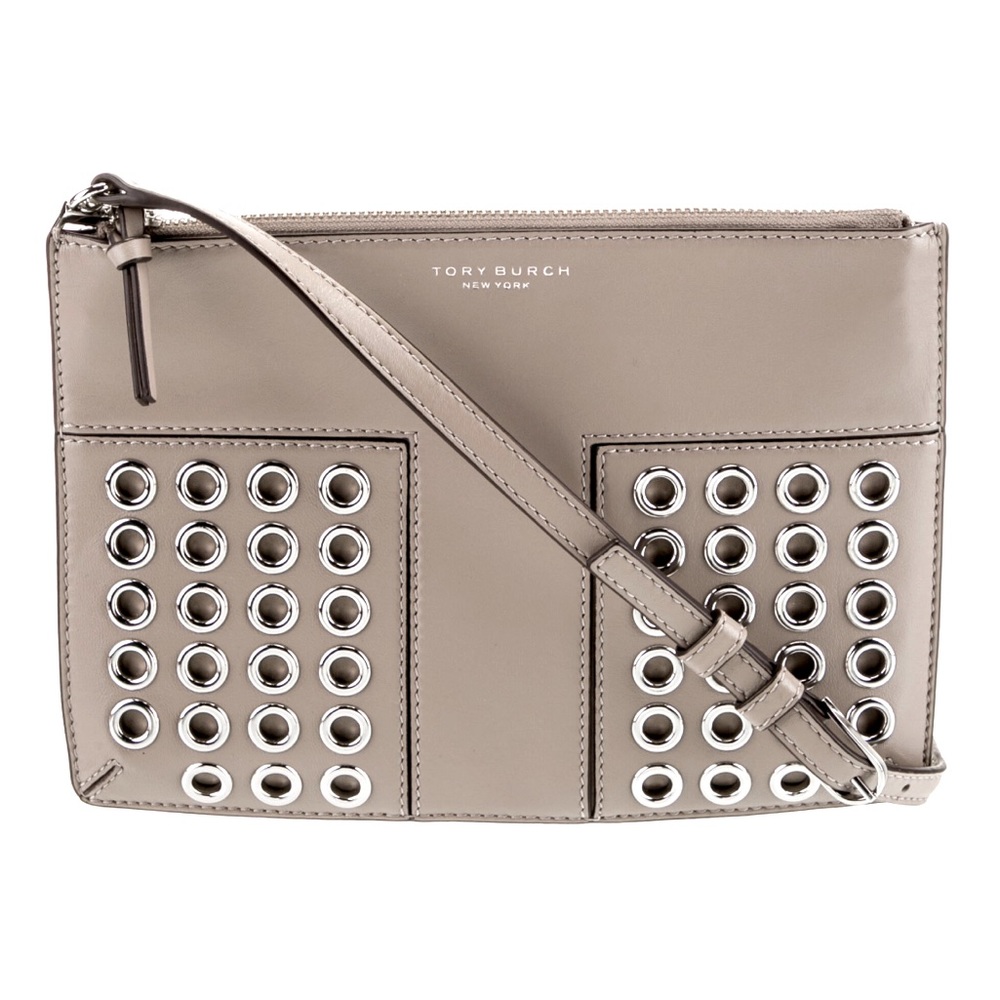 Tory Burch crossbody Grey LeatherSilverTone hrd,Single Adjustable Shoulder Strap